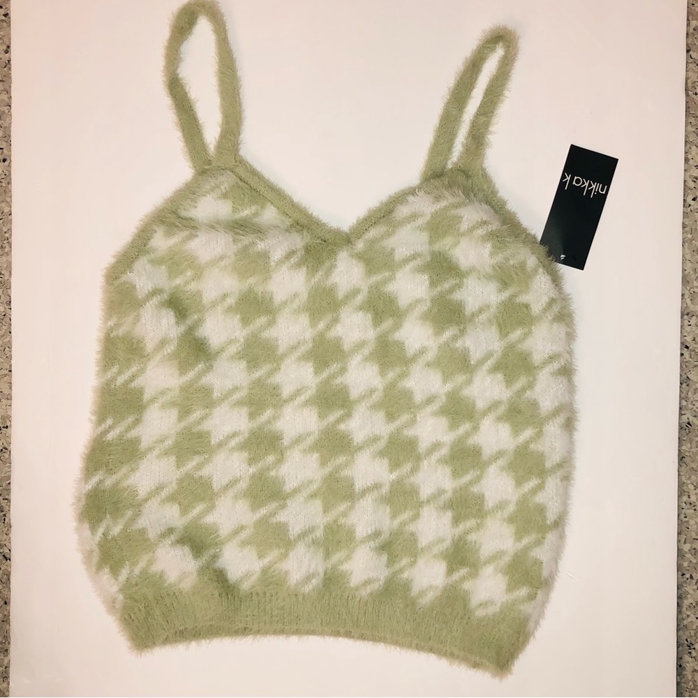 NWT Nikka K Y2K Fuzzy Houndstooth Spaghetti Cropped Tank Top Size L Sage Gr/Wht - Picture 3 of 11